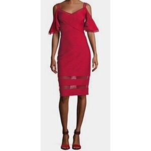 Tadashi Shoji Red Cold Shoulder Pintuck Mesh Cocktail Dress 6L18103M Large